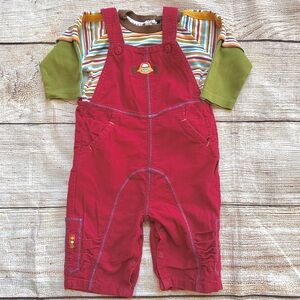 Rabbit Moon Maroon Race Car Overalls Yellow Green Striped Top Boy’s 6-9M